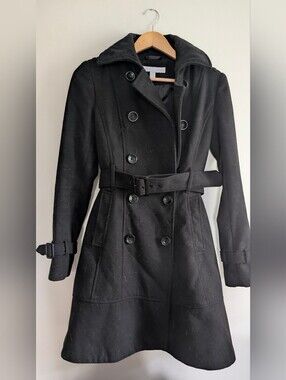 New York & Company Black Fluted Hem Trench Peacoat Black XS